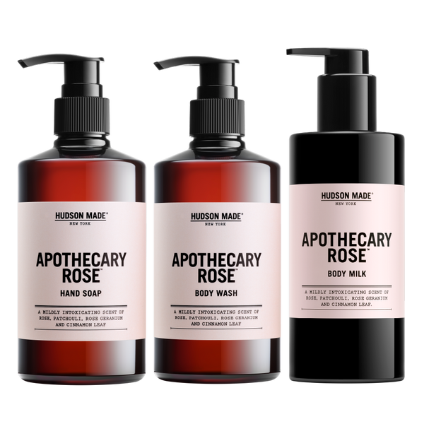 Hudson Made Apothecary Rose Trio with Rose, Patchouli, Geranium, and Cinnamon Leaf.