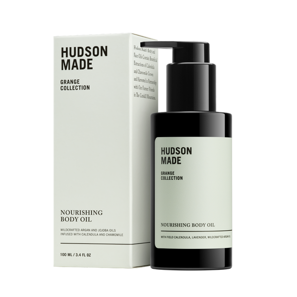 Nourishing Body Oil from Hudson Made's Grange Collection with Plant based Ingredients including Calendula, Chamomile, Wild Lavender, Frankincense, and Cedar.