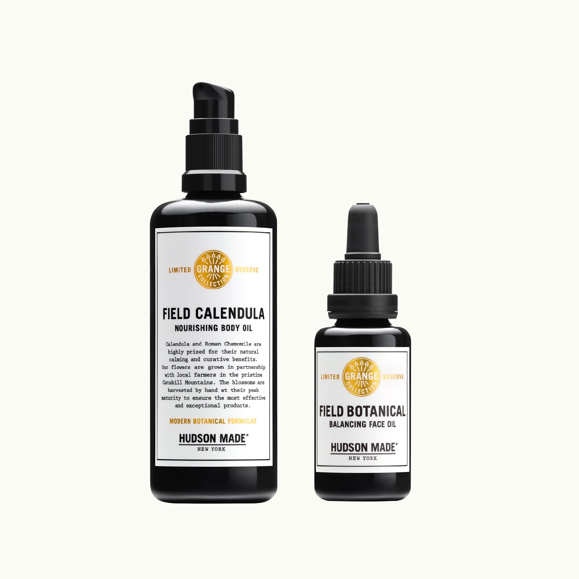 Hudson Made Grange Collection - Field Calendula Nourishing Body Oil and Field Botanical Balancing Face Oil Duo.